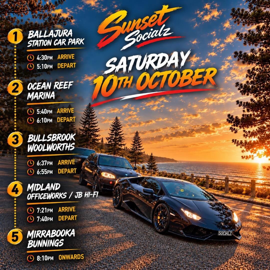 Sunset Socialz — car meet in Perth, WA on Saturday 10 October 2026