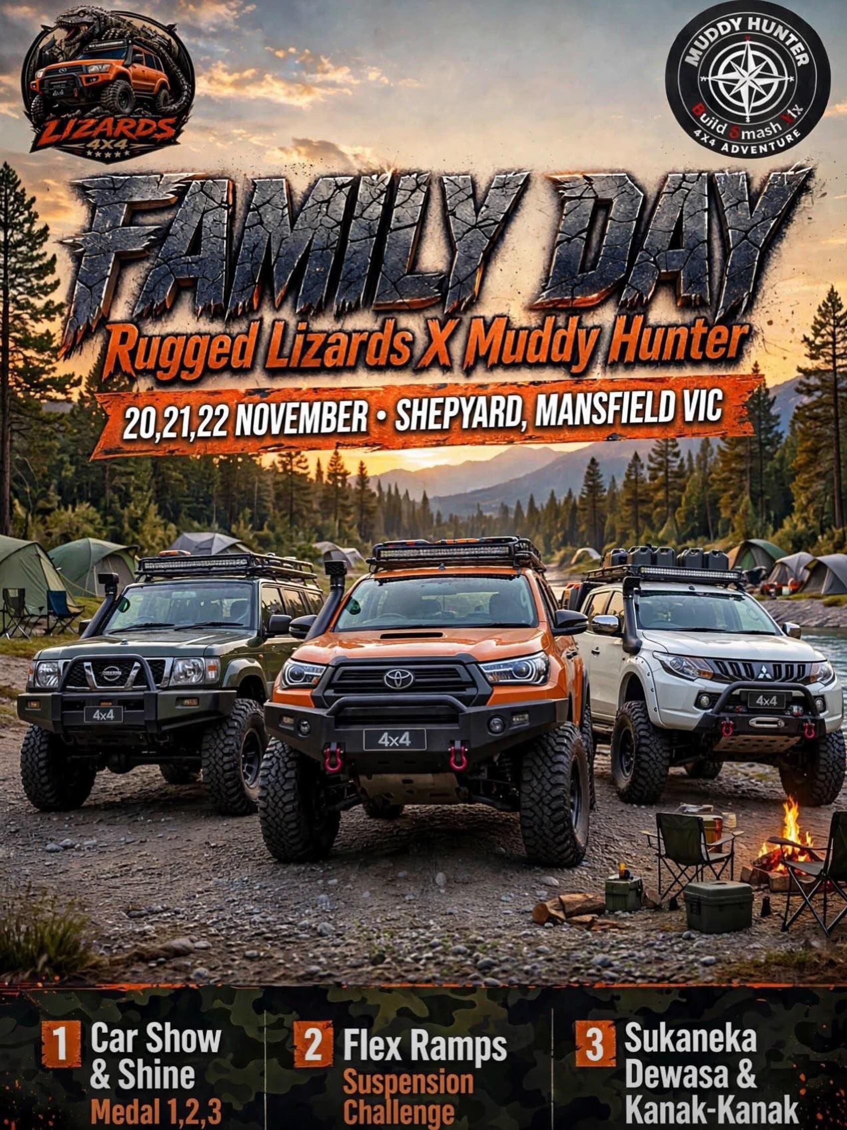 Rugged Lizards X Muddy Hunter Family Day — 4x4 car meet in Melbourne, VIC on Friday 20 November 2026