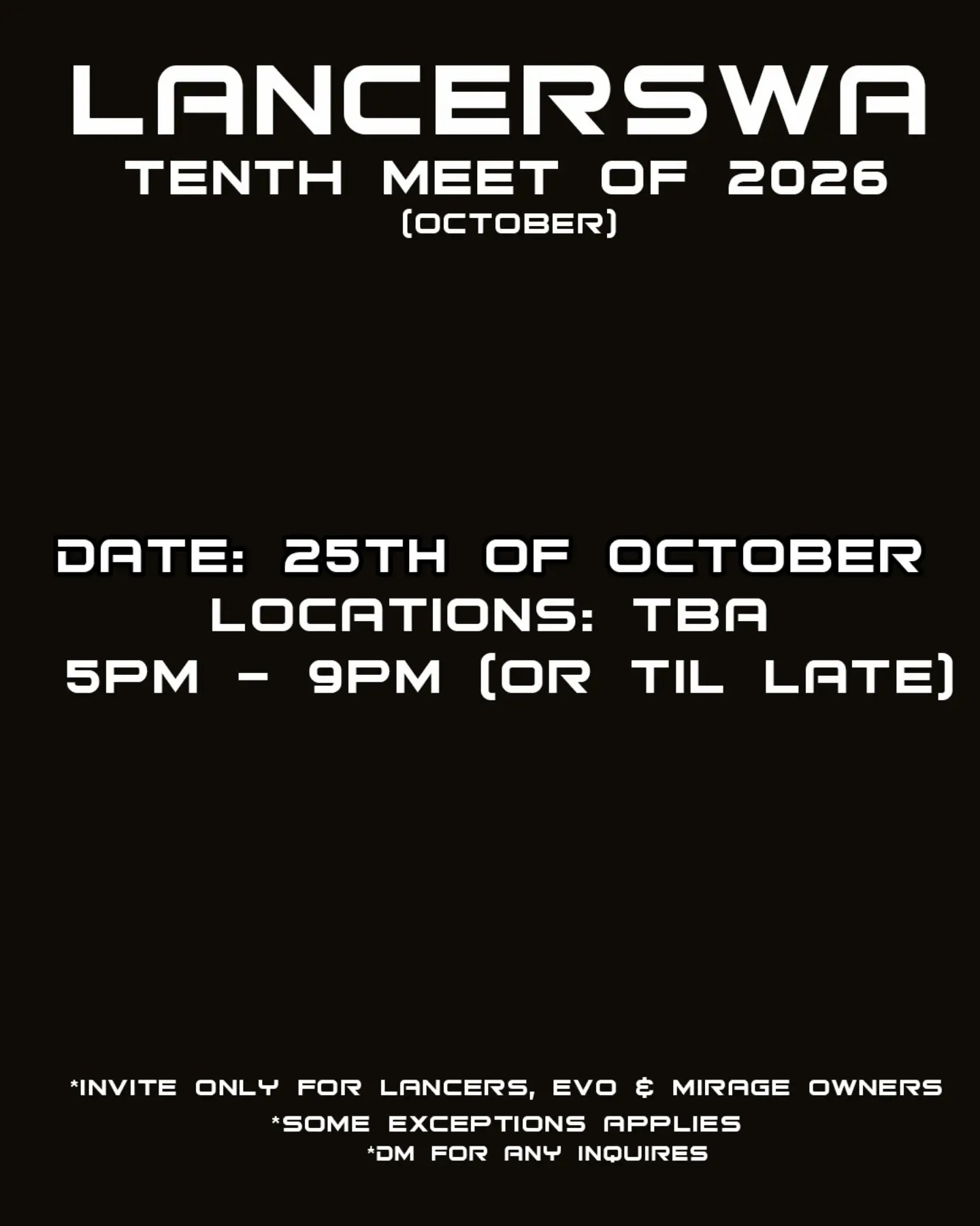LancersWA Tenth Meet of 2026 — JDM car meet in Perth, WA on Sunday 25 October 2026