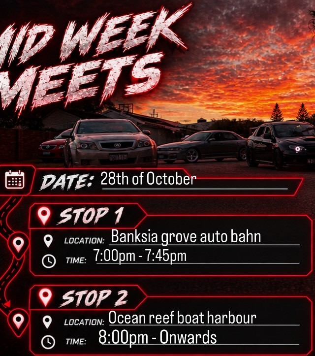 Mid Week Meets — JDM/Muscle car meet in Perth, WA on Wednesday 28 October 2026