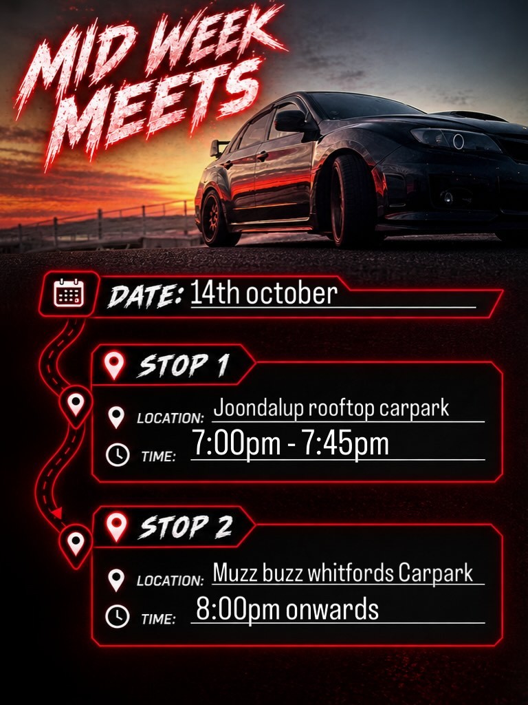 Mid Week Meets — JDM car meet in Perth, WA on Wednesday 14 October 2026