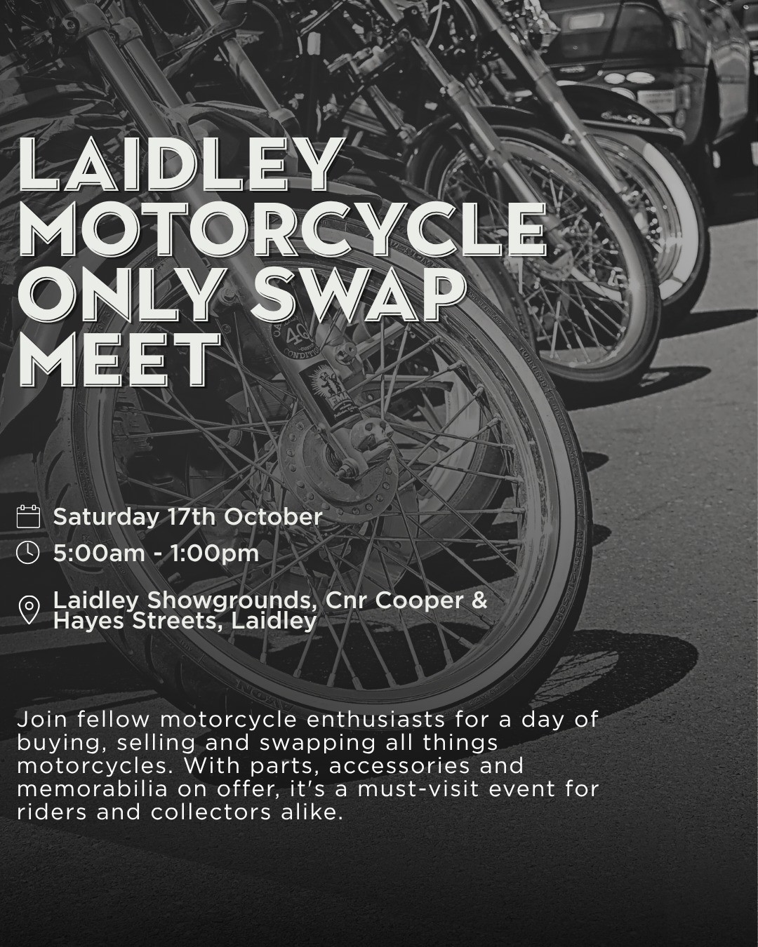 Laidley Motorcycle Only Swap Meet — Classic car meet in Toowoomba, QLD on Saturday 17 October 2026