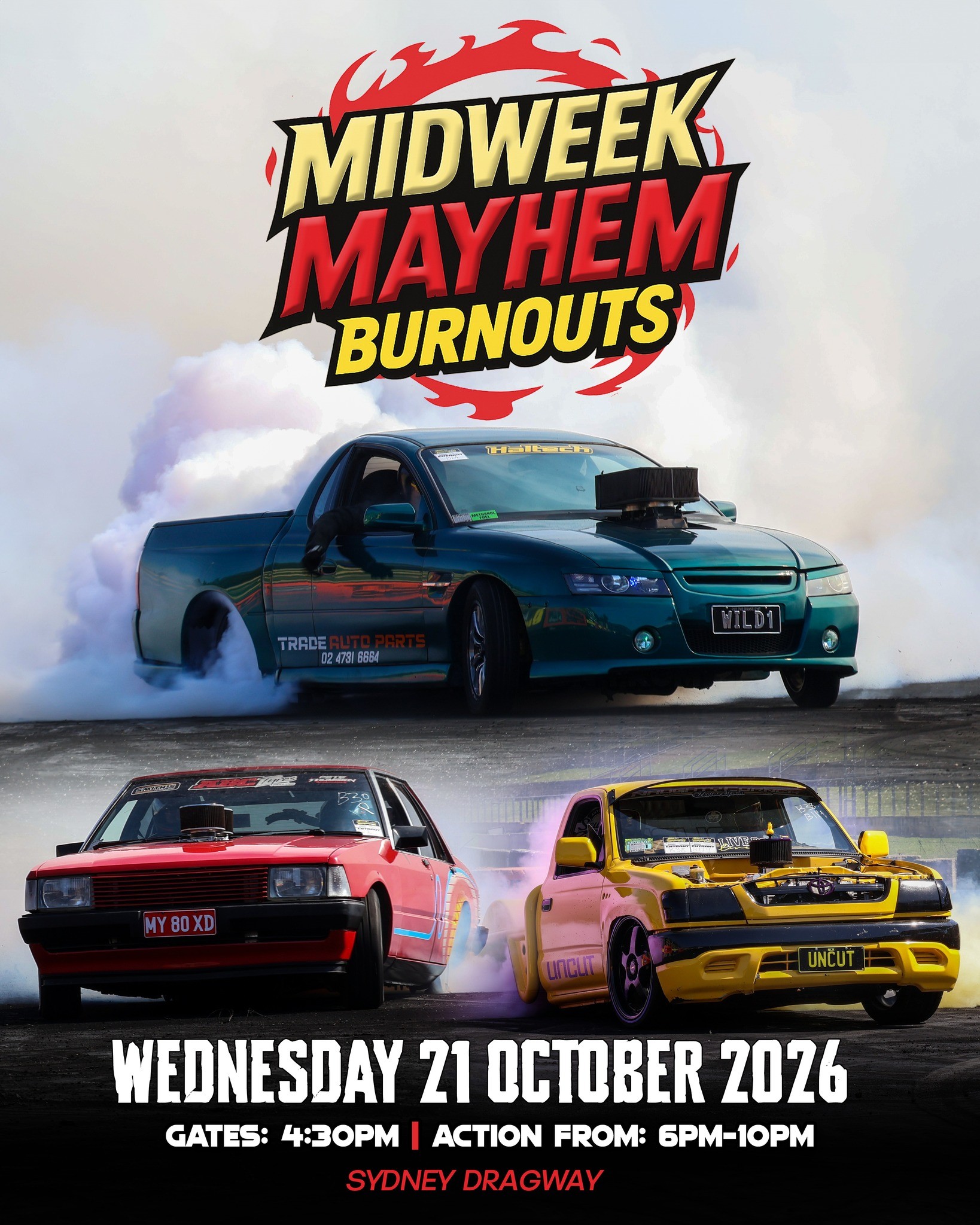 Midweek Mayhem Burnouts — Muscle track day in Sydney, NSW on Wednesday 21 October 2026