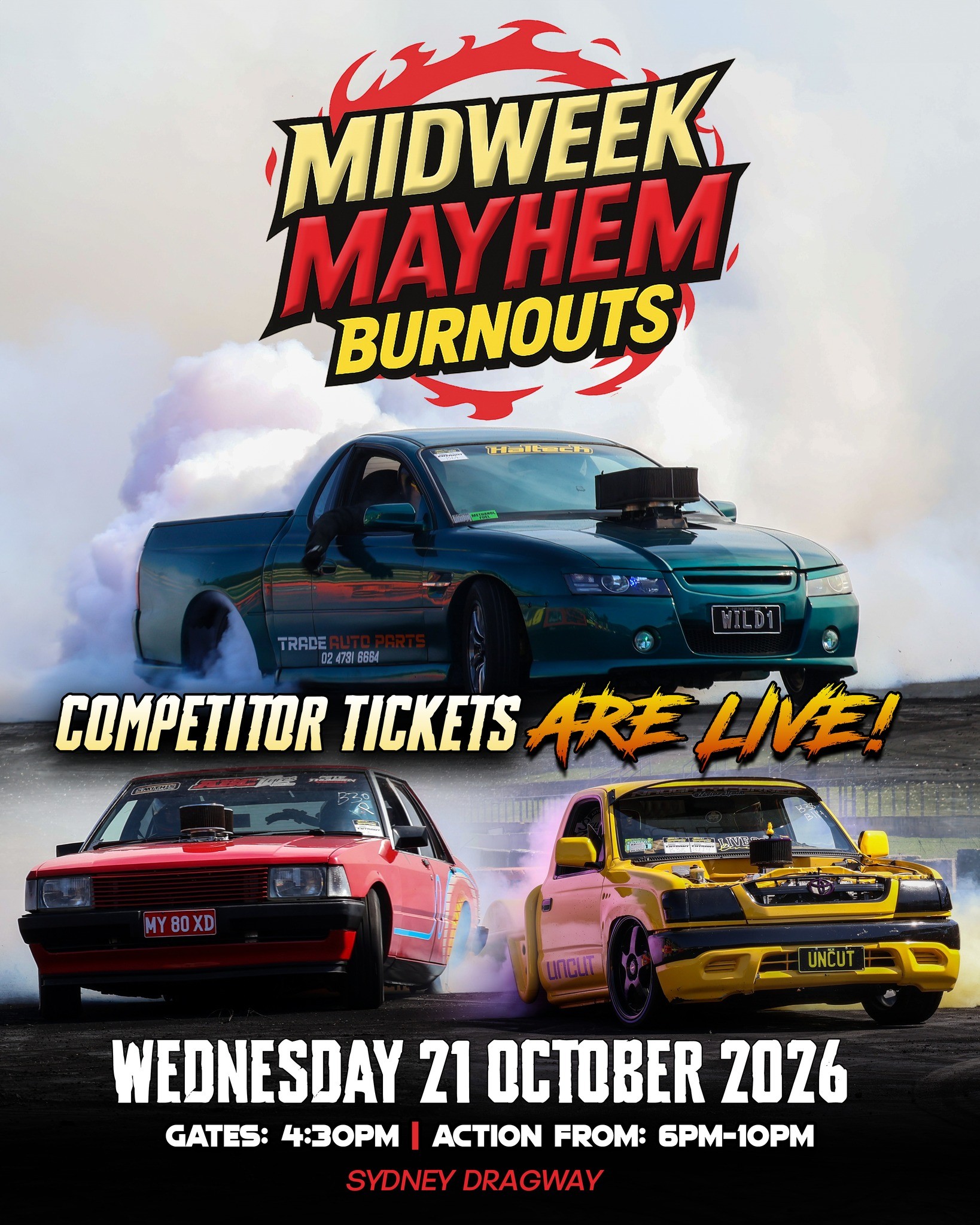 Midweek Mayhem Burnouts — Muscle track day in Sydney, NSW on Wednesday 21 October 2026