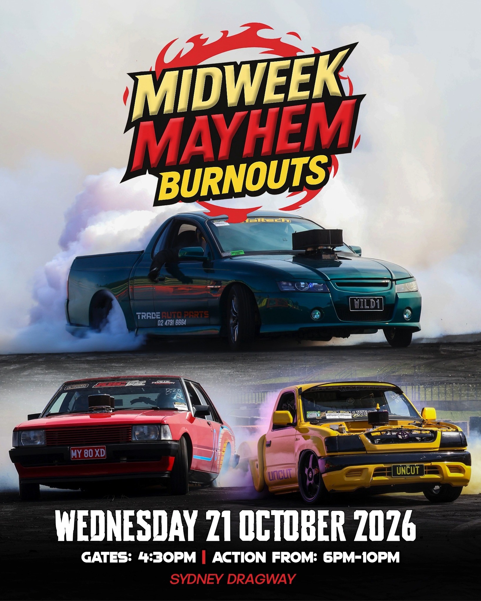 Midweek Mayhem Burnouts — Muscle track day in Sydney, NSW on Wednesday 21 October 2026