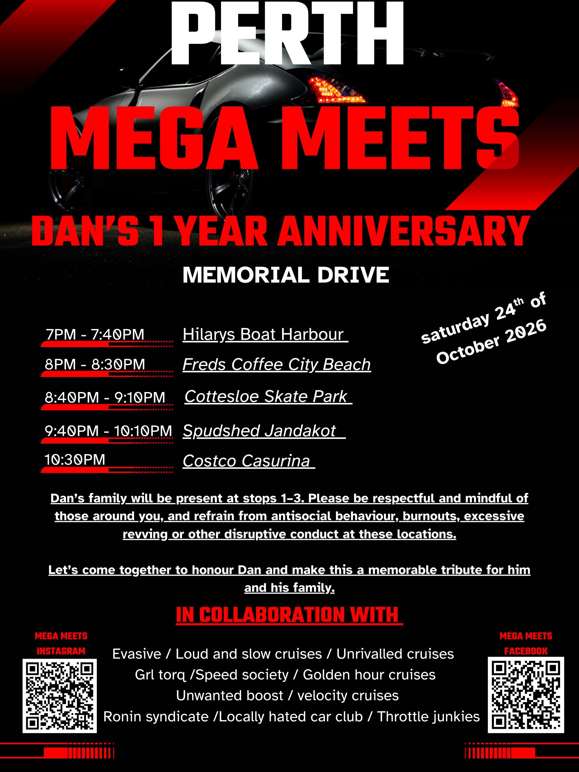 Dan's 1 Year Anniversary Memorial Drive — JDM car meet in Perth, WA on Saturday 24 October 2026