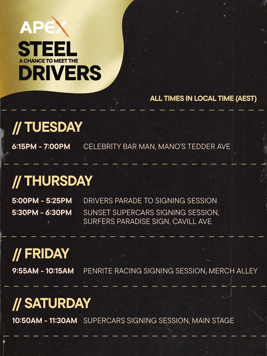 Sunset Supercars Signing Session — Muscle car meet in Gold Coast, QLD on Thursday 22 October 2026