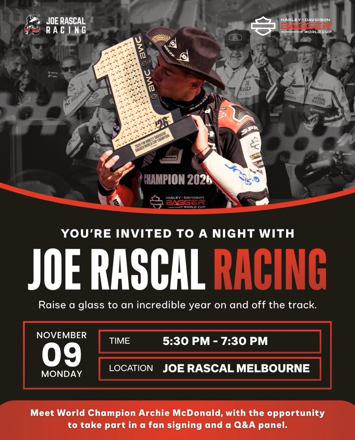 A Night with Joe Rascal Racing — car meet in Melbourne, VIC on Monday 9 November 2026