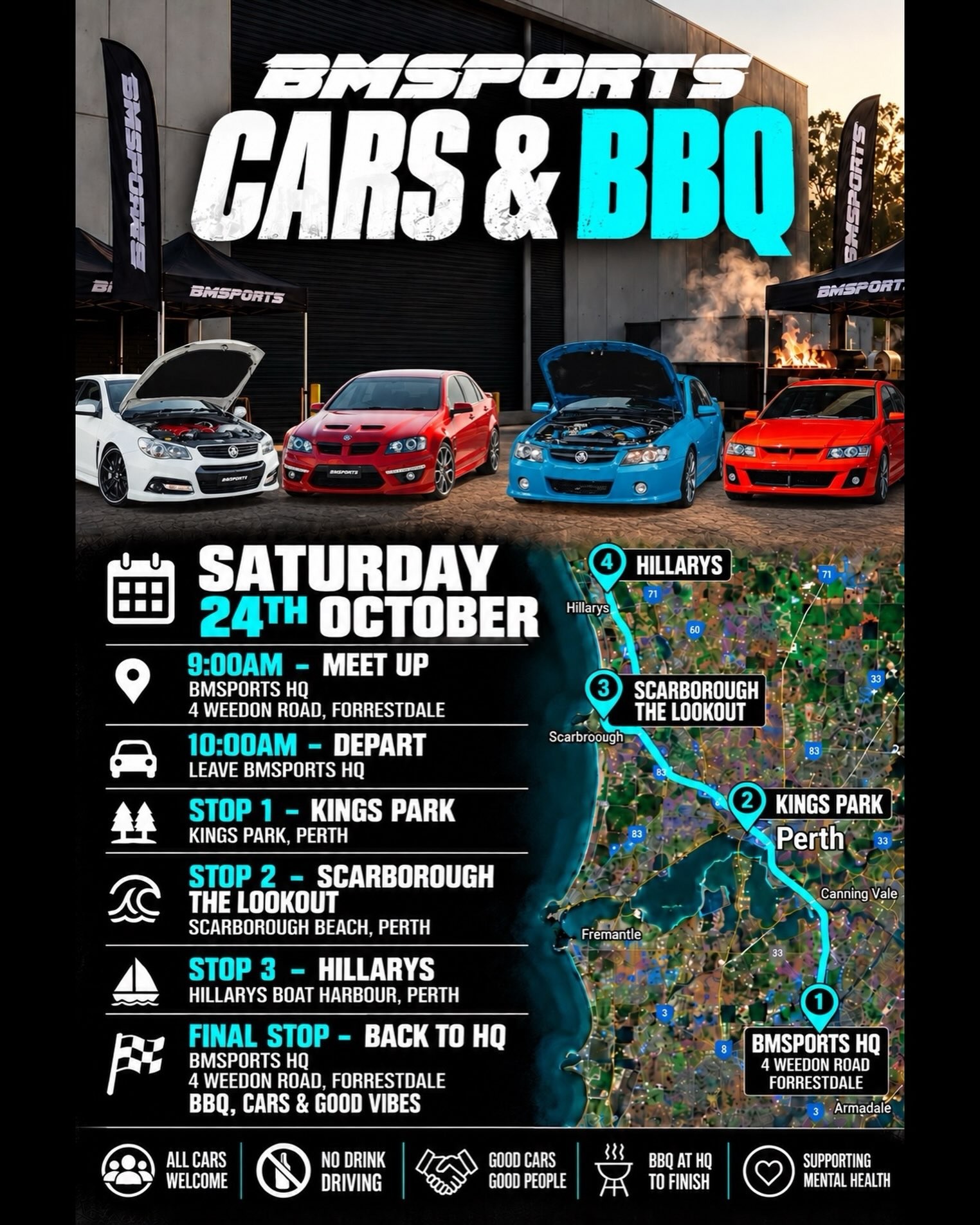 BMSPORTS CARS & BBQ — Muscle car meet in Perth, WA on Saturday 24 October 2026