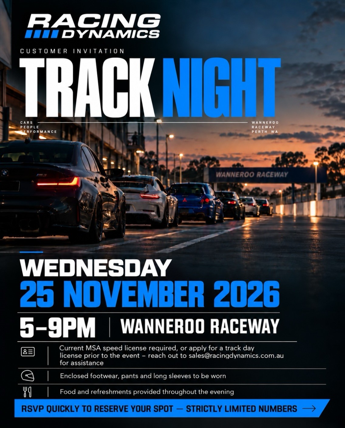 Racing Dynamics Track Night — Euro/JDM track day in Perth, WA on Wednesday 25 November 2026