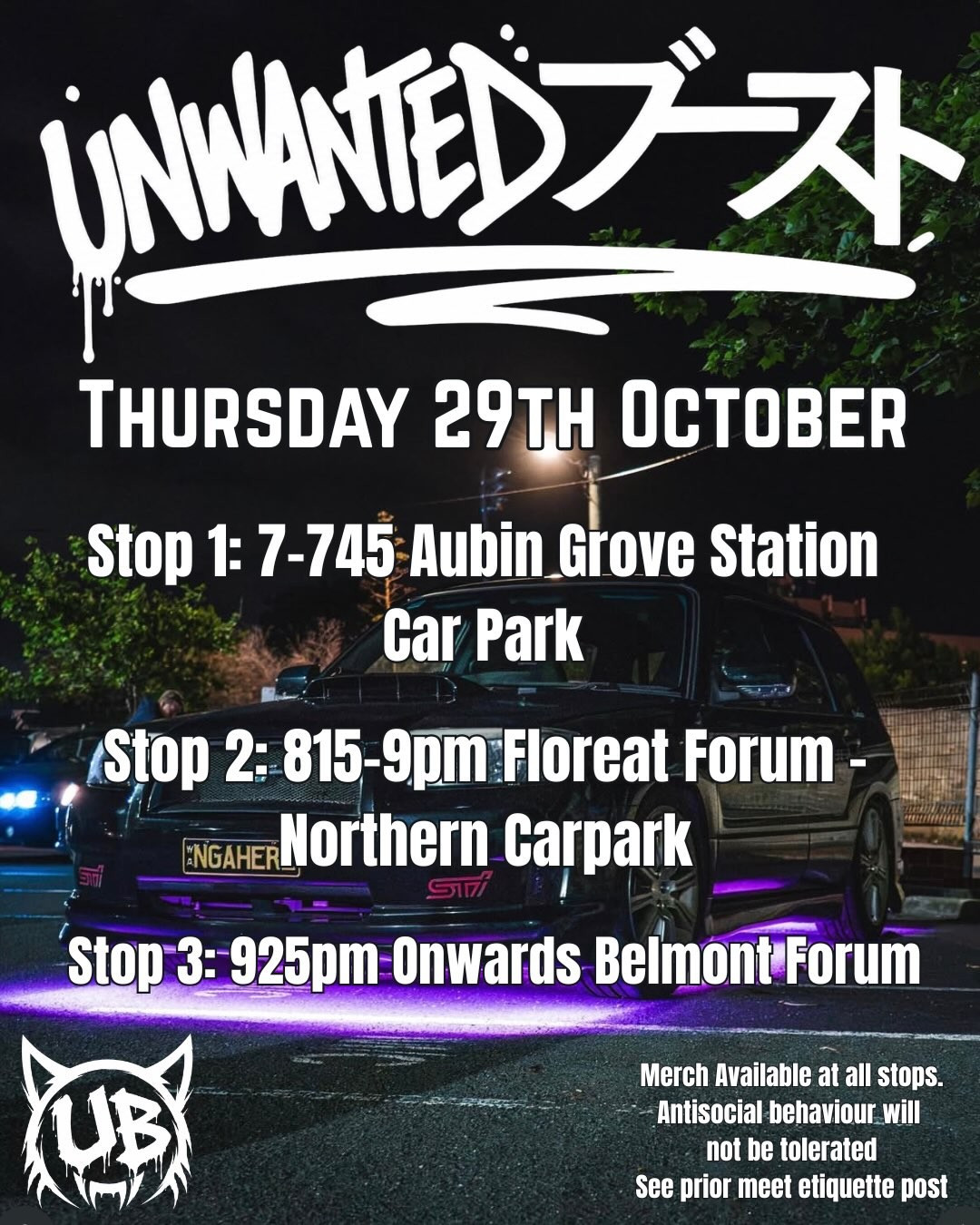 Unwanted Boost Cruise — JDM car meet in Perth, WA on Thursday 29 October 2026