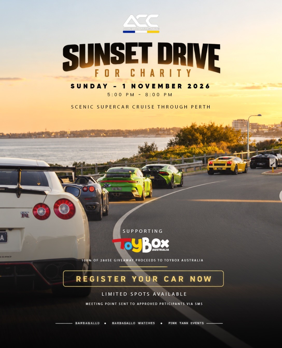ACC Sunset Drive for Charity — Exotic car meet in Perth, WA on Sunday 1 November 2026