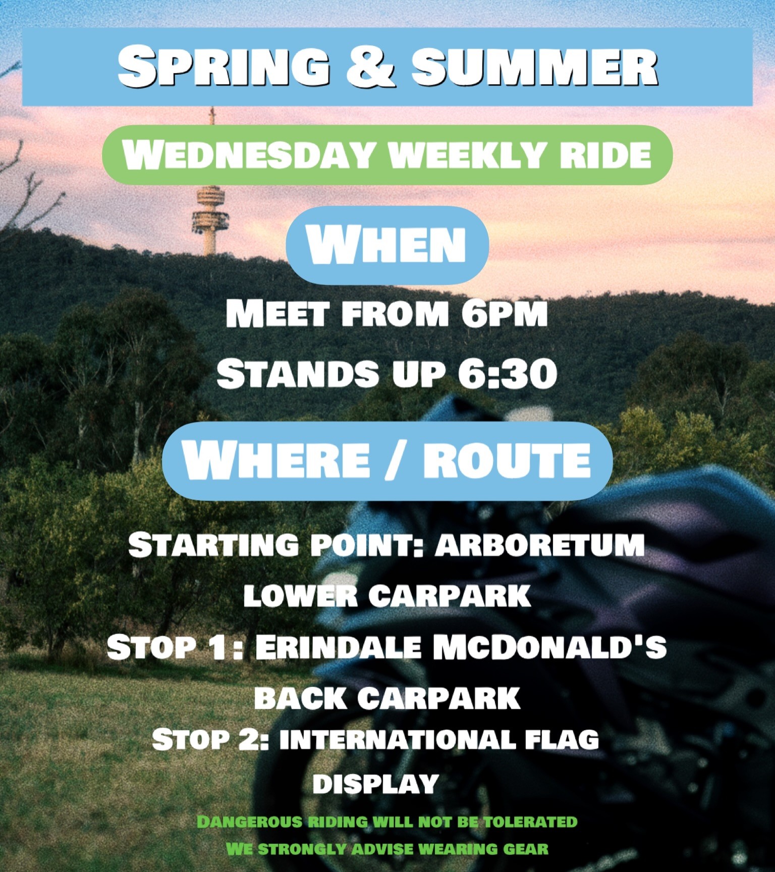 Spring & Summer Wednesday Weekly Ride — Motorbike car meet in Canberra, NSW on Wednesday 4 November 2026
