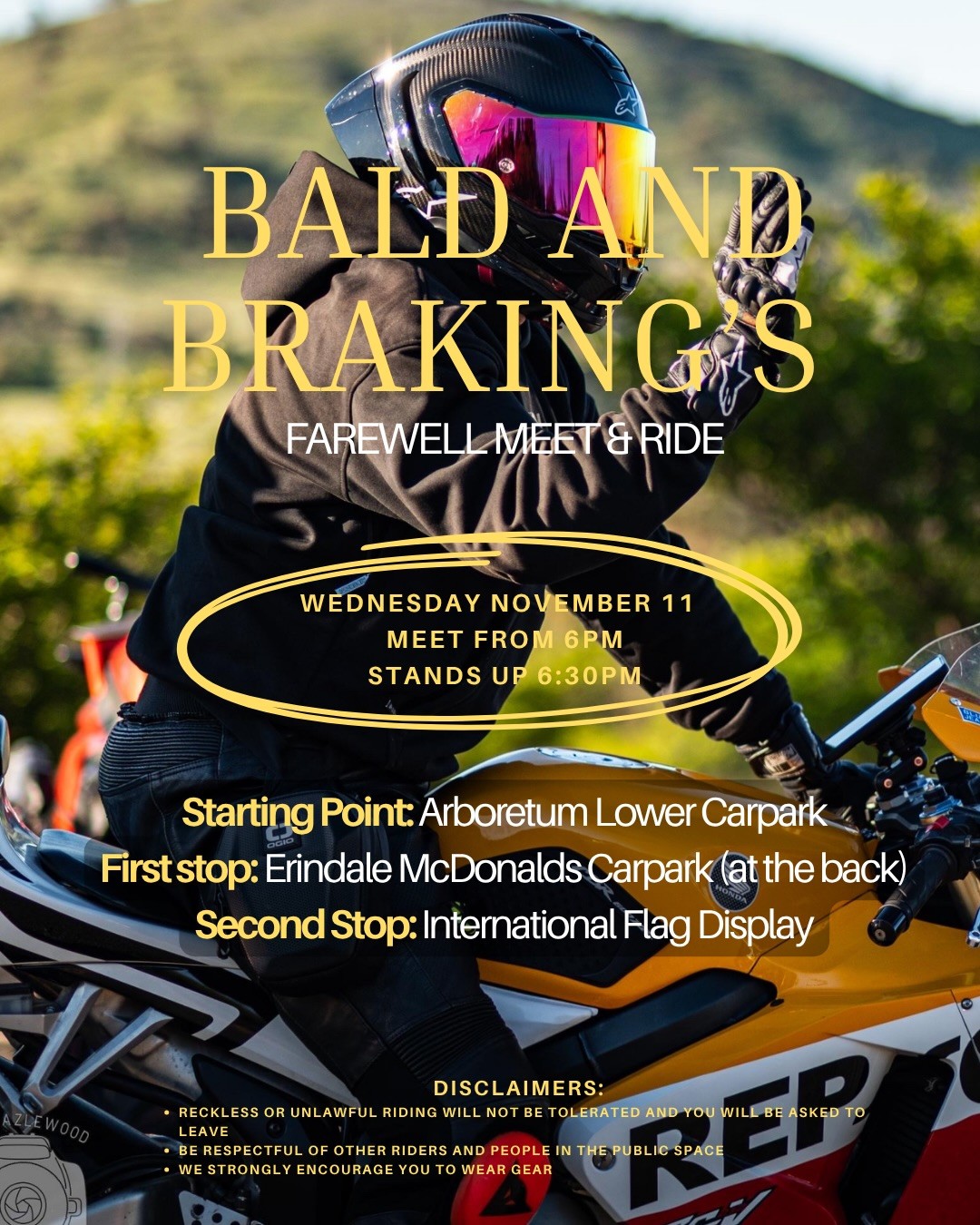 Bald and Braking's Farewell Meet & Ride — Motorbike car meet in Canberra, NSW on Wednesday 11 November 2026