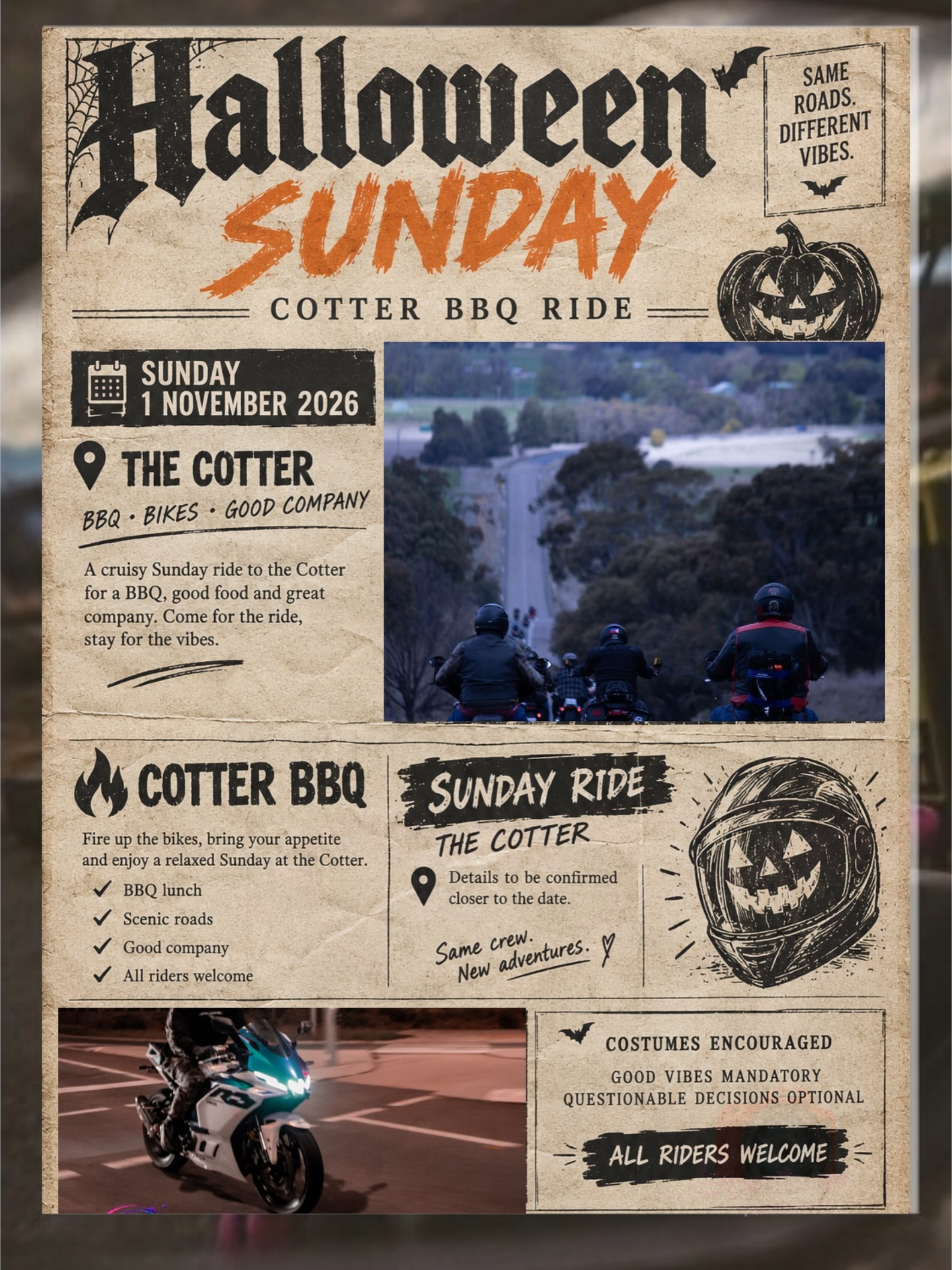 Halloween Sunday Cotter BBQ Ride — Motorbike car meet in Canberra, NSW on Sunday 1 November 2026