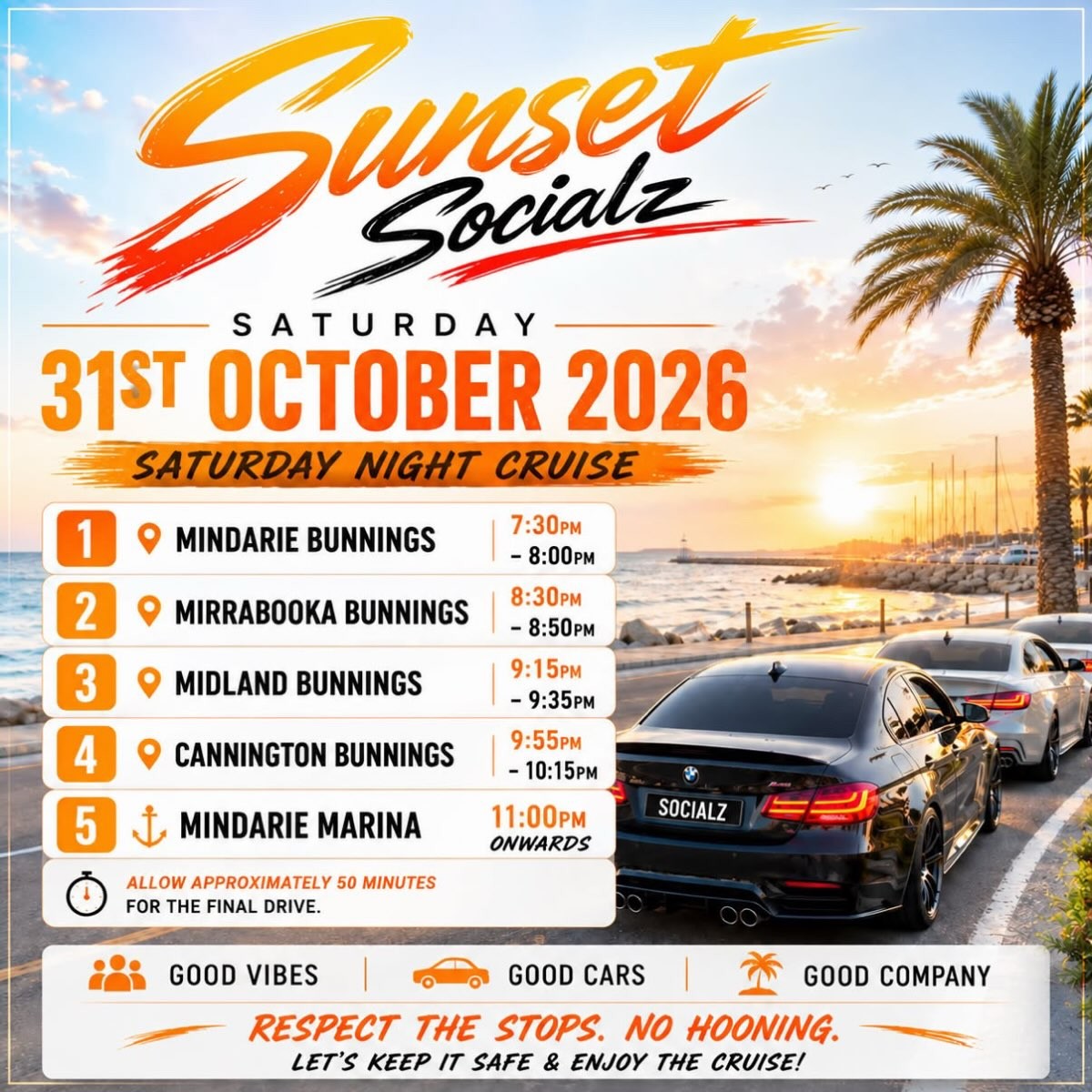 Sunset Socialz Saturday Night Cruise — Euro car meet in Perth, WA on Saturday 31 October 2026