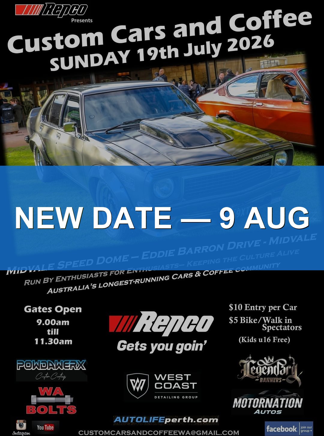 Custom Cars and Coffee — Muscle/Classic car meet in Perth, WA on Sunday 9 August 2026