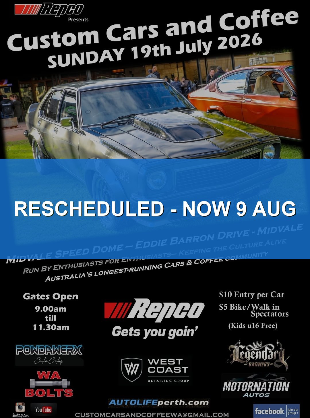 Custom Cars and Coffee — Muscle/JDM car meet in Perth, WA on Sunday 19 July 2026