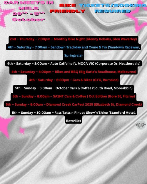 Car & Bike Meets in Melb (Oct 2-5) — car meet in Melbourne, VIC on Thursday 2 October 2025