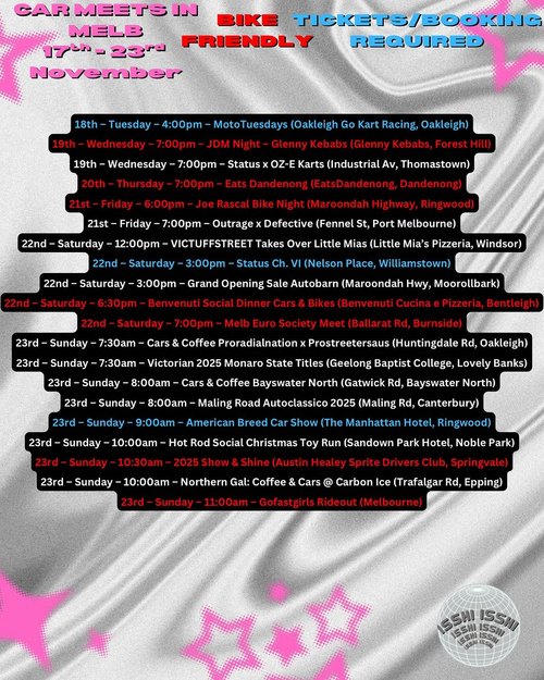 Status Week: Car Meets in Melb — car meet in Melbourne, VIC on Tuesday 18 November 2025
