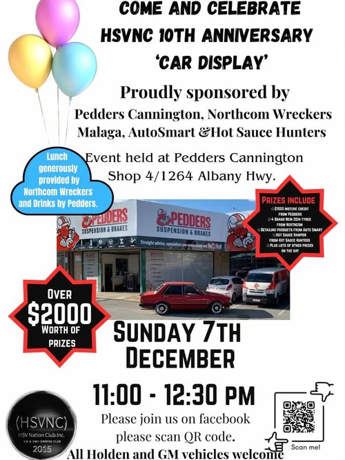 HSVNC 10th Anniversary 'Car Display' — car meet in Perth, WA on Sunday 7 December 2025
