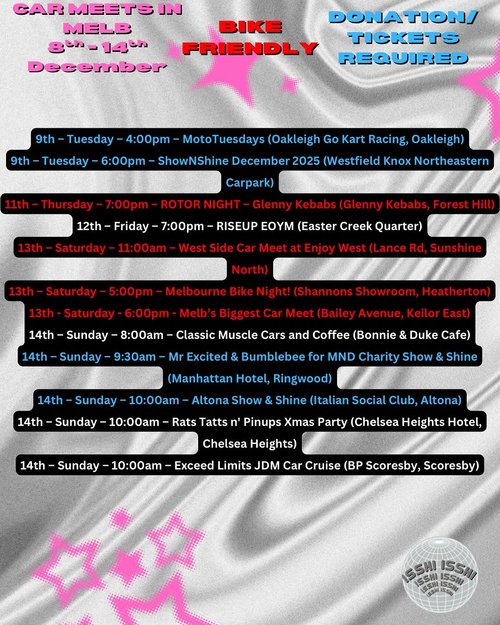 Car Meets in Melb 8th - 14th December — car meet in Melbourne, VIC on Monday 8 December 2025