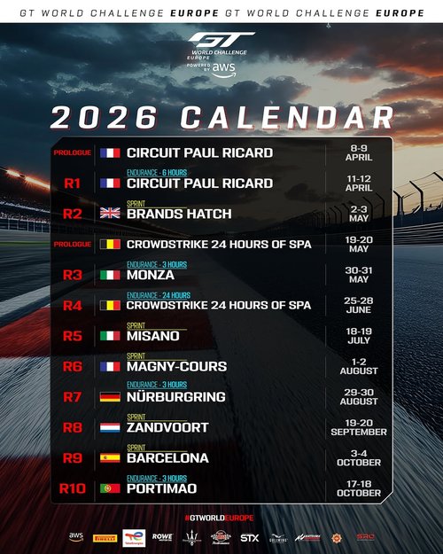GT World Challenge Europe 2026 Calendar — Euro/Exotic spectator event in International on Wednesday 8 April 2026