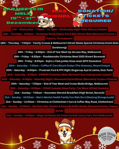 Car Meets in Melb: 15th - 21st December — car meet in Melbourne, VIC on Monday 15 December 2025