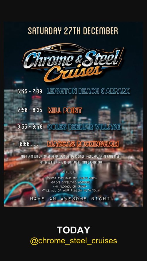 Chrome & Steel Cruises — car meet in Perth, WA on Saturday 27 December 2025