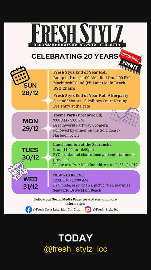 Fresh Stylz Celebrating 20 Years Itinerary — car meet in Gold Coast, QLD on Sunday 28 December 2025
