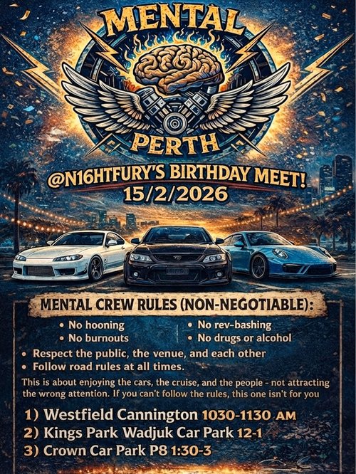 @N16HTFURY's Birthday Meet — car meet in Perth, WA on Sunday 15 February 2026