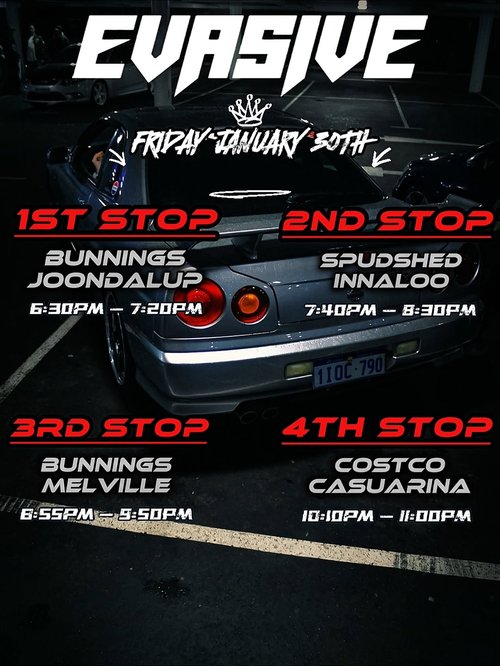 Evasive North to South Run — JDM car meet in Perth, WA on Friday 30 January 2026