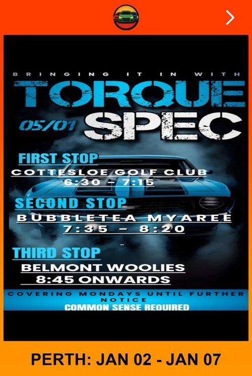 Torque Spec Monday Cruise — JDM/Muscle car meet in Perth, WA on Monday 5 January 2026