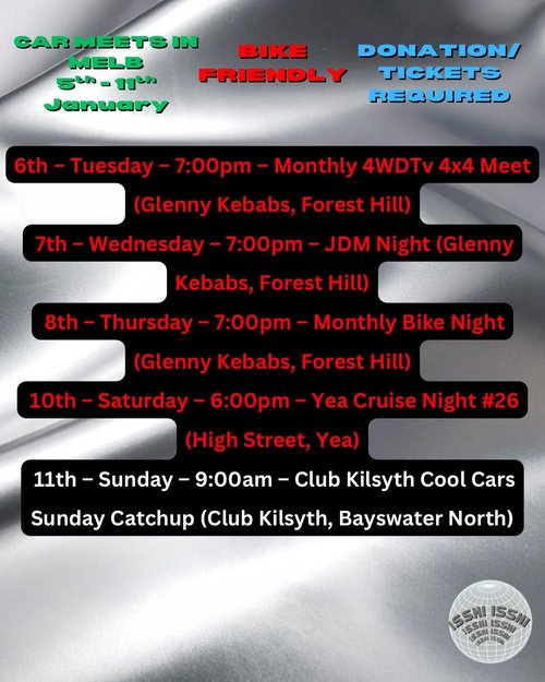 Car Meets in Melb 5th - 11th January — car meet in Melbourne, VIC on Monday 5 January 2026