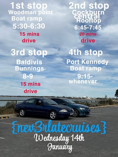Nev3rlatecruises Wednesday Cruise — car meet in Perth, WA on Wednesday 14 January 2026