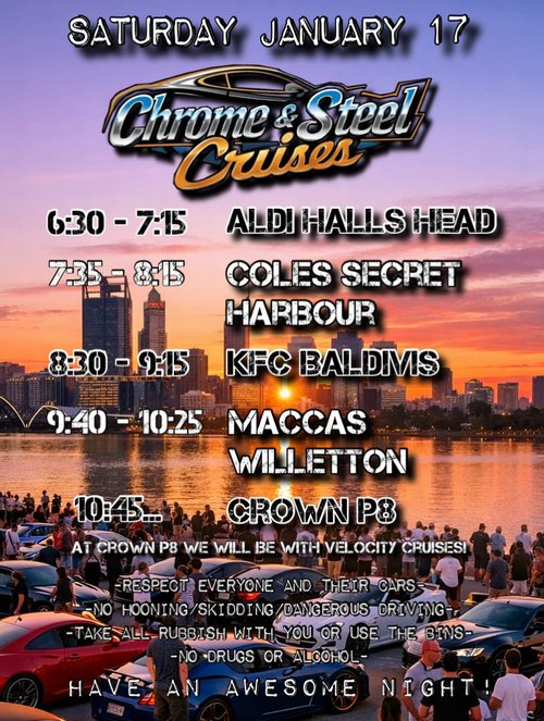 Chrome & Steel Cruises — car meet in Perth, WA on Saturday 17 January 2026