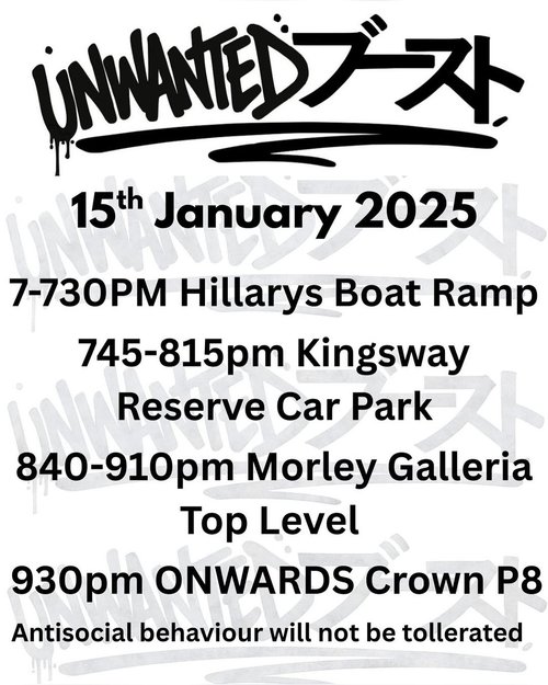 Unwanted Boost Cruise — car meet in Perth, WA on Thursday 15 January 2026
