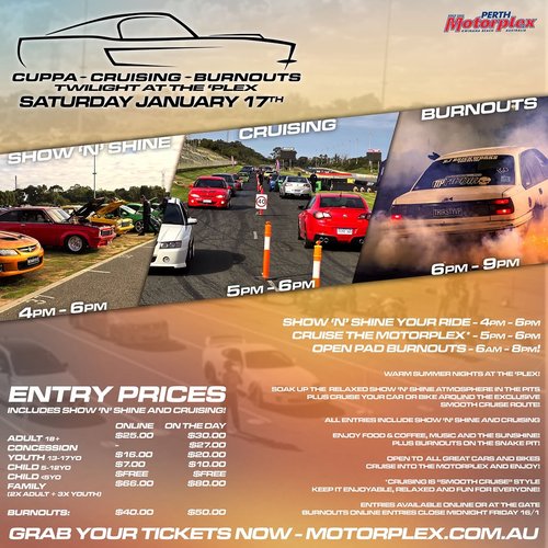 Cuppa - Cruising - Burnouts Twilight at the 'Plex — track day in Perth, WA on Saturday 17 January 2026