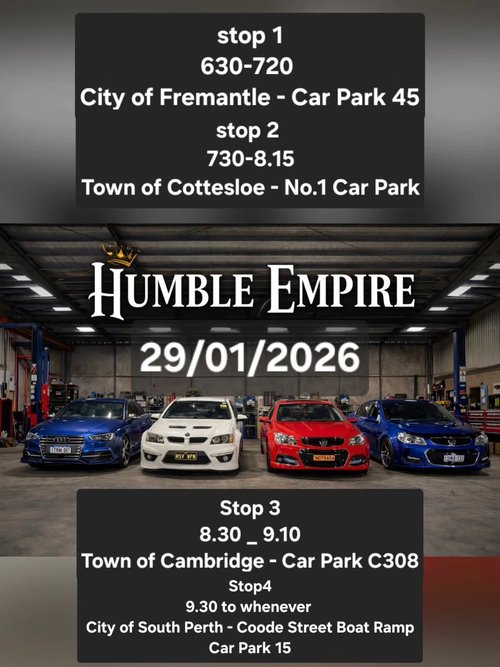 Humble Empire First Meet & Cruise — Euro/Muscle car meet in Perth, WA on Thursday 29 January 2026