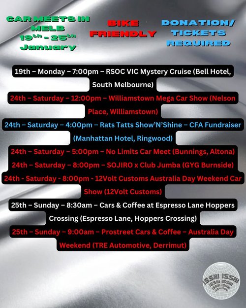 Car Meets in Melb: 19th - 25th January — car meet in Melbourne, VIC on Monday 19 January 2026