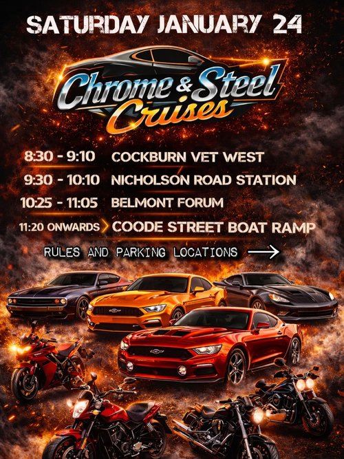 Chrome & Steel Cruises — Muscle car meet in Perth, WA on Saturday 24 January 2026