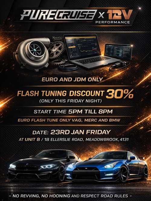 Pure Cruise x 12V Auto Performance Meet — Euro/JDM car meet in Brisbane, QLD on Friday 23 January 2026