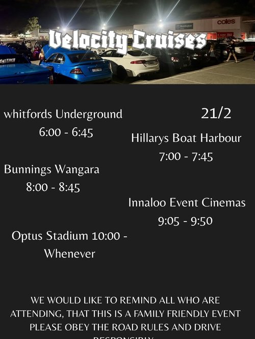 Velocity Cruises — car meet in Perth, WA on Saturday 21 February 2026