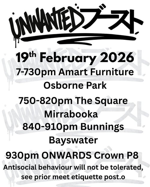 Unwanted Boost Cruise — JDM car meet in Perth, WA on Thursday 19 February 2026