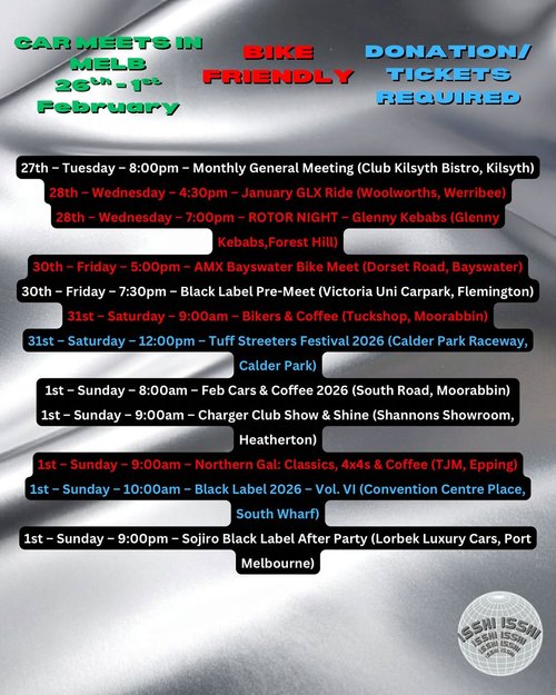 Monthly General Meeting — car meet in Melbourne, VIC on Tuesday 27 January 2026