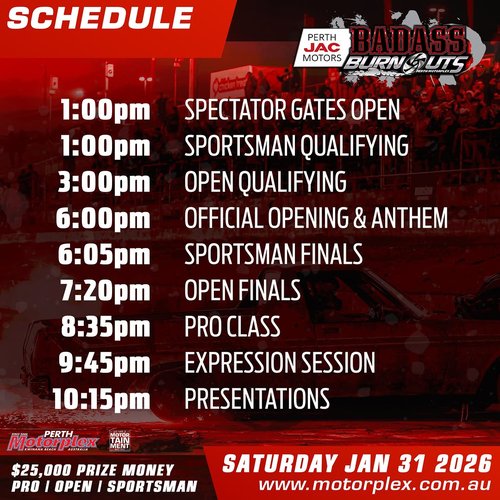 Perth JAC Motors BADASS BURNOUTS — Muscle spectator event in Perth, WA on Saturday 31 January 2026