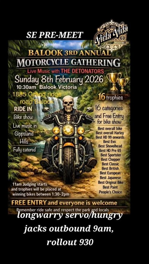 Balook 3rd Annual Motorcycle Gathering — Muscle/Classic car meet in Melbourne, VIC on Sunday 8 February 2026