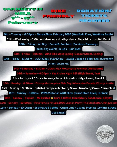 Car Meets in Melb — JDM/Euro car meet in Melbourne, VIC on Monday 9 February 2026