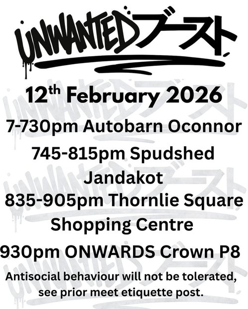 Unwanted Boost Cruise — JDM car meet in Perth, WA on Thursday 12 February 2026