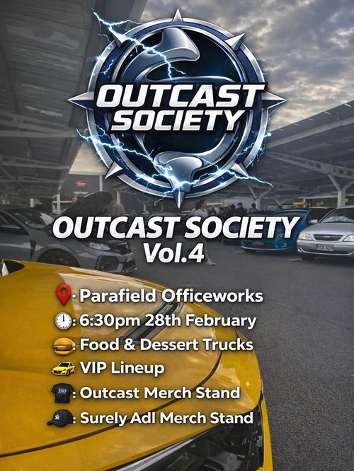 Outcast Society Vol.4 — JDM car meet in Adelaide, SA on Saturday 28 February 2026